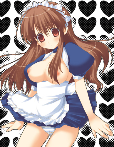 asahina mikuru, suzumiya haruhi no yuuutsu, lowres, 00s, 1girl, breasts, breasts out, brown hair, female focus, long hair, maid, maid headdress, nipples, no bra, panties, solo, striped clothes, striped panties, underwear