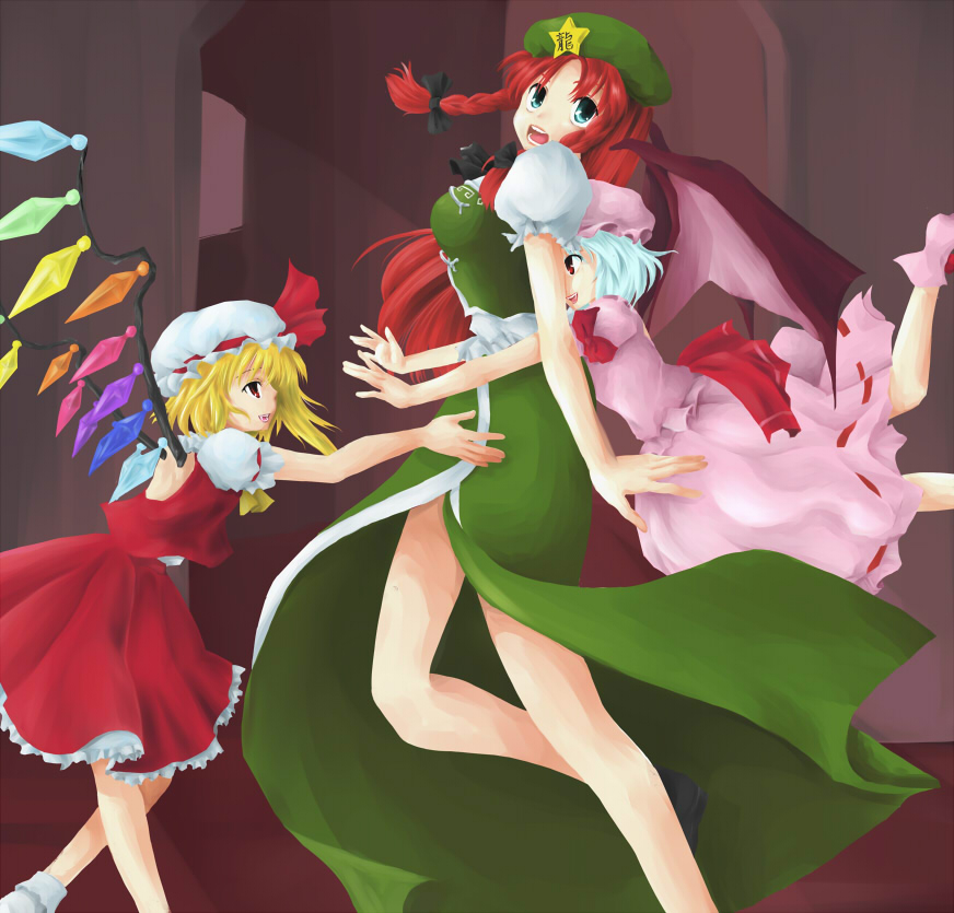 seki juuen, flandre scarlet, hong meiling, remilia scarlet, embodiment of scarlet devil, touhou, 3girls, blonde hair, blue eyes, blue hair, braid, breasts, female focus, hat, multiple girls, red eyes, red hair, skirt, vampire, wings