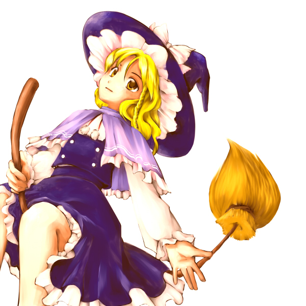 seki juuen, kirisame marisa, touhou, 1girl, blonde hair, braid, broom, female focus, hat, simple background, skirt, solo, white background, witch, witch hat, yellow eyes