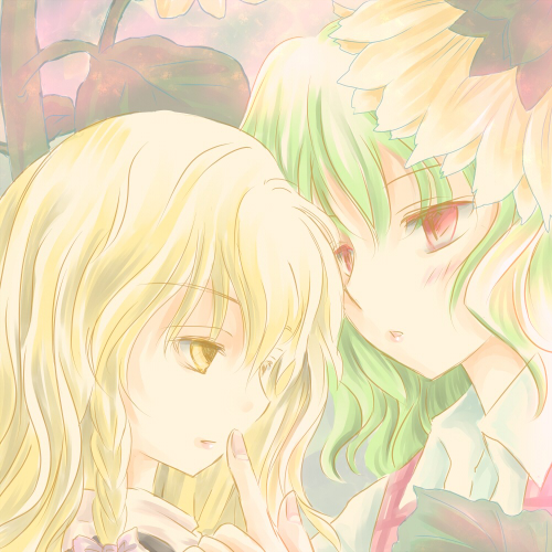 seki juuen, kazami yuuka, kirisame marisa, touhou, lowres, 2girls, blonde hair, braid, female focus, finger to mouth, green hair, multiple girls, parted lips, plaid clothes, plaid vest, red eyes, short hair, slit pupils, vest, yellow eyes, yuri