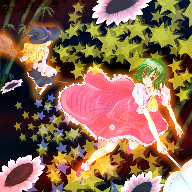 seki juuen, kazami yuuka, kirisame marisa, touhou, 2girls, ascot, bamboo, blonde hair, braid, broom, female focus, flower, flying, green hair, hat, multiple girls, plaid clothes, plaid skirt, plaid vest, red eyes, short hair, skirt, skirt set, star (symbol), umbrella, vest, witch, witch hat