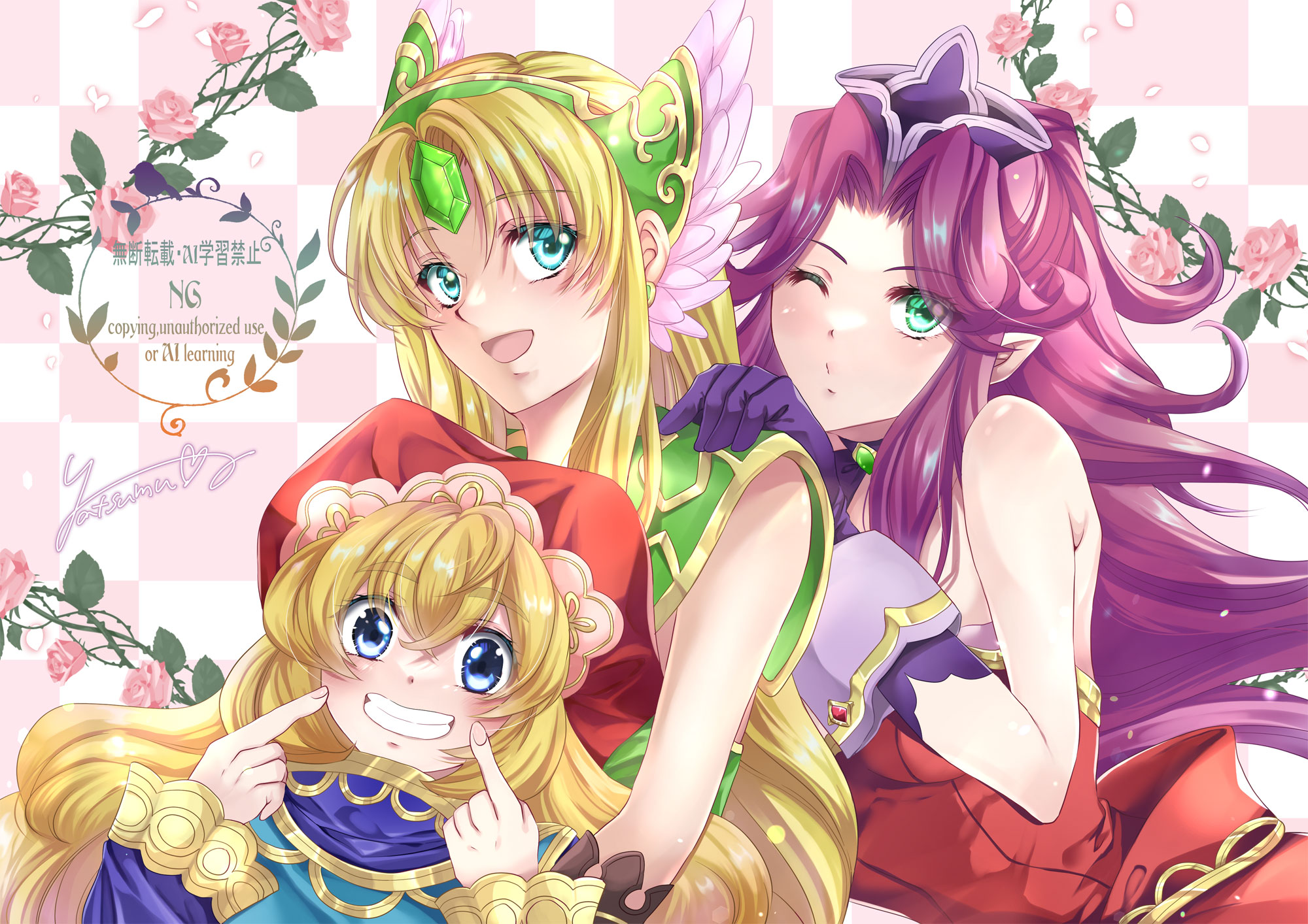 angela (seiken densetsu 3), charlotte (seiken densetsu 3), riesz, seiken densetsu, seiken densetsu 3, square enix, artist request, highres, 3girls, armor, blonde hair, blue eyes, bridal gauntlets, brown gloves, curly hair, dress, english text, female focus, forehead jewel, gloves, green eyes, grin, hat, helmet, jester cap, jewelry, leotard, long hair, long sleeves, low-tied long hair, multiple girls, necklace, open mouth, pauldrons, pointy ears, purple gloves, purple hair, red leotard, shoulder armor, showgirl skirt, smile, strapless, strapless dress, teeth, thick eyebrows, very long hair, winged helmet, wrist cuffs