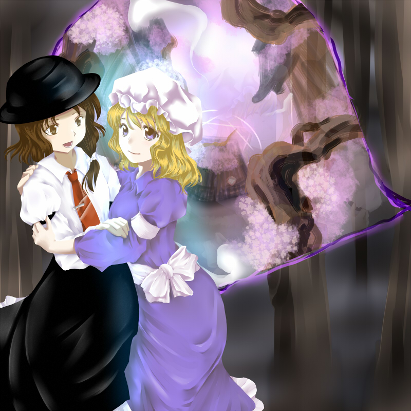 seki juuen, maribel hearn, usami renko, ghostly field club, touhou, 2girls, blonde hair, brown eyes, brown hair, female focus, hat, multiple girls, necktie