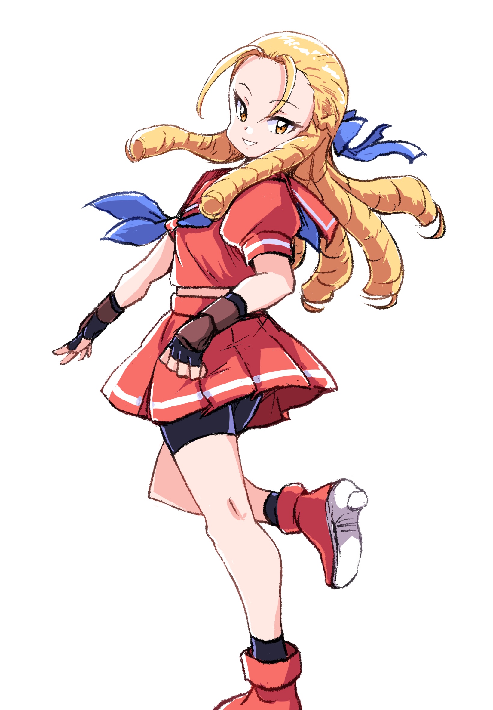 ikaringo (ikaringo4444), kanzuki karin, capcom, street fighter, street fighter zero (series), highres, 1girl, bike shorts, bike shorts under skirt, blonde hair, blue ribbon, braid, female focus, fingerless gloves, gloves, looking at viewer, red skirt, ribbon, skirt, smile, solo, white background, yellow eyes