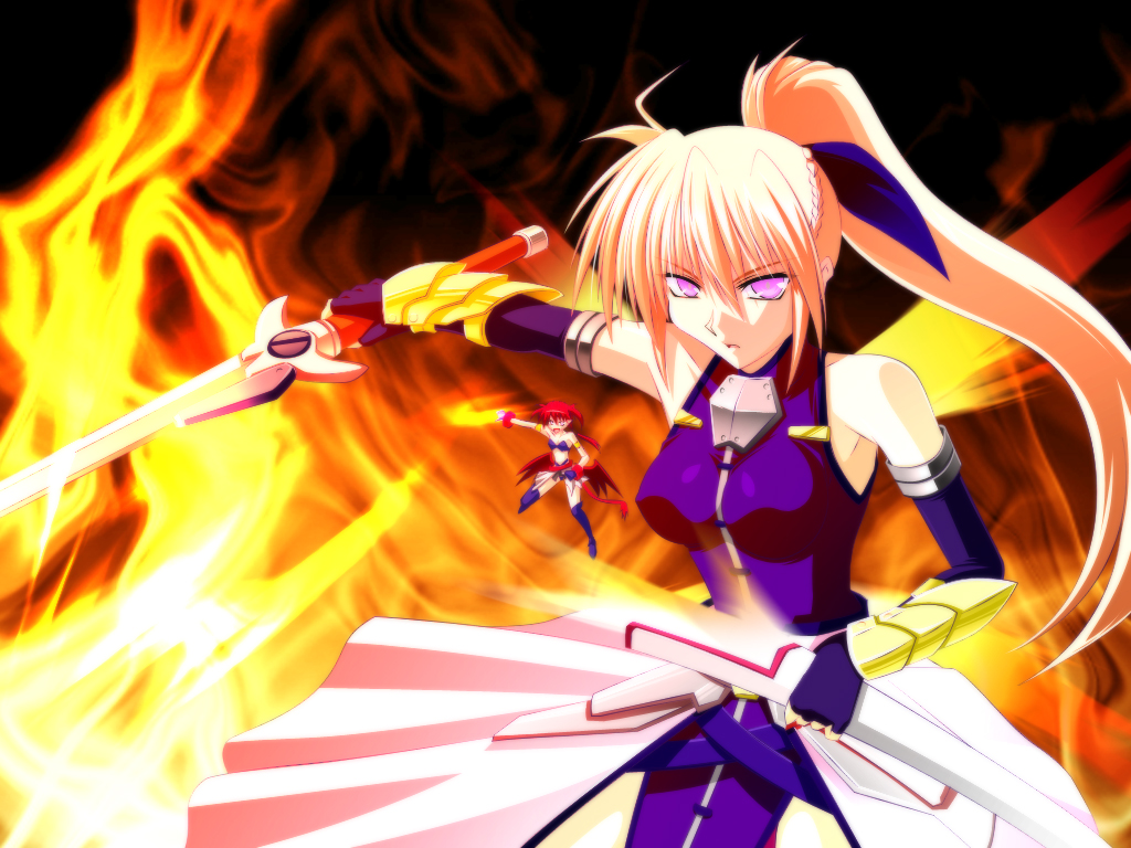 engo (aquawatery), agito, agito (fusion), agito (nanoha), laevatein (nanoha), signum, lyrical nanoha, mahou shoujo lyrical nanoha, mahou shoujo lyrical nanoha strikers, 00s, 2girls, fire, long hair, magical girl, mini person, minigirl, multiple girls, ponytail, sword, unison (nanoha), weapon, whip sword
