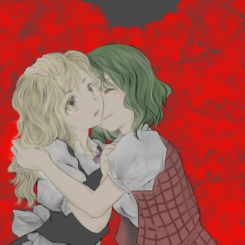 seki juuen, kazami yuuka, kirisame marisa, touhou, 2girls, blonde hair, blush, female focus, green hair, hug, multiple girls, plaid clothes, plaid skirt, plaid vest, short hair, skirt, skirt set, smile, vest, yellow eyes, yuri