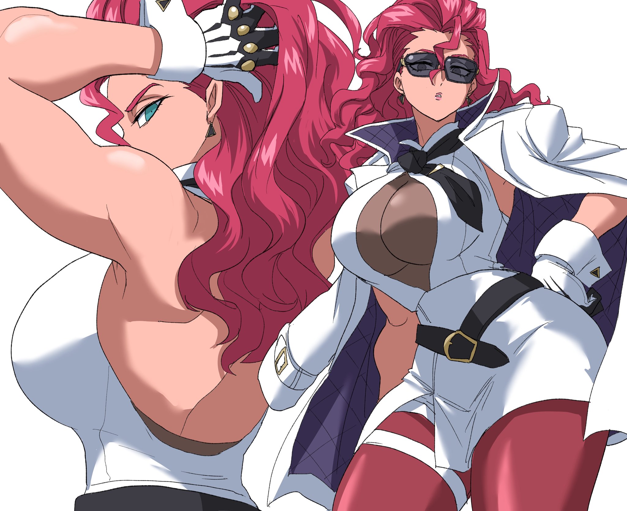 nasu (ilo a5), crimson viper, capcom, street fighter, street fighter 6, highres, 1girl, adjusting hair, belt buckle, breasts, buckle, coat, coat on shoulders, female focus, glasses, jacket, large breasts, long sleeves, looking at viewer, multiple views, necktie, necktie aside, open clothes, open jacket, pantyhose, red hair, skirt, tinted eyewear, white background, white coat, white jacket, white skirt