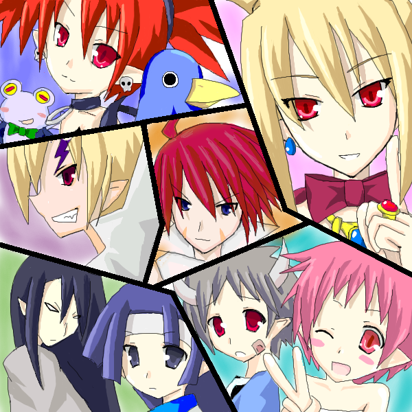 adell (disgaea), akutare (disgaea), axel (disgaea), etna (disgaea), fubuki (disgaea), hanako (disgaea), prinny, rozalin, taro (disgaea), tink, tink (disgaea), yukimaru, disgaea, makai senki disgaea, makai senki disgaea 2, makai senki disgaea 3, nippon ichi, 00s, black hair, blonde hair, blue hair, blush, choker, demon girl, earrings, fang, jewelry, long hair, multiple girls, open mouth, pink eyes, pink hair, pointy ears, red eyes, red hair, short hair, smile