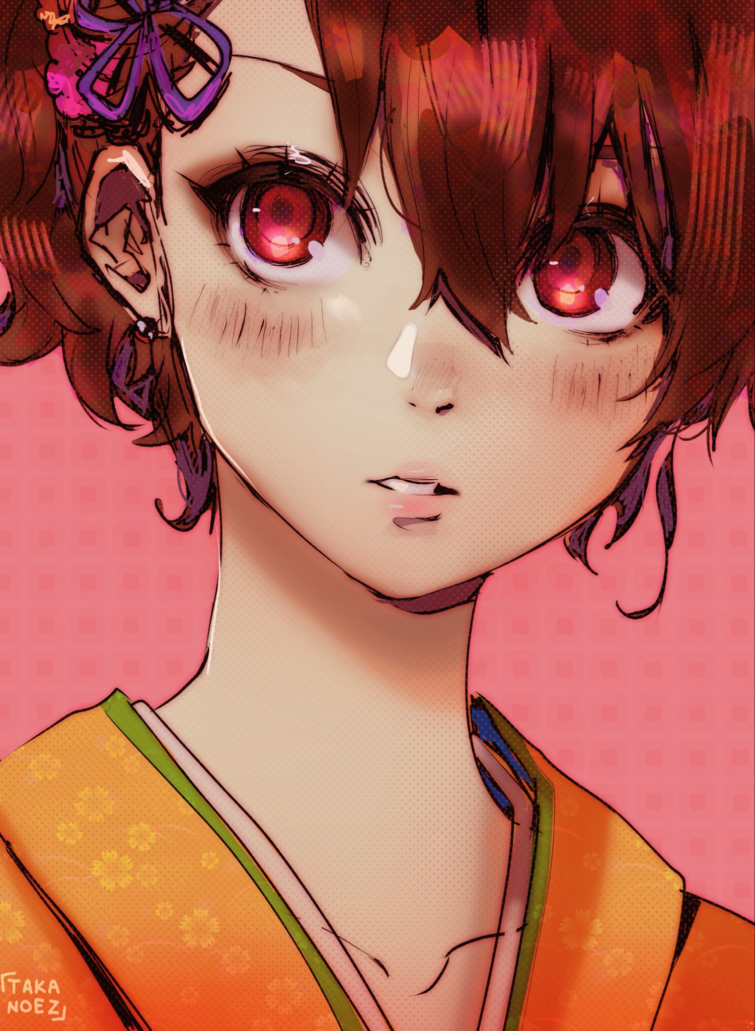 takanoezz, shiomi kotone, persona, persona 3, persona 3 portable, commentary, english commentary, highres, 1girl, artist name, blush, close-up, collarbone, floral print, floral print kimono, hair between eyes, japanese clothes, kimono, looking up, orange kimono, parted lips, pink background, pink lips, polka dot, polka dot background, print kimono, purple ribbon, red eyes, red hair, ribbon, short hair, solo