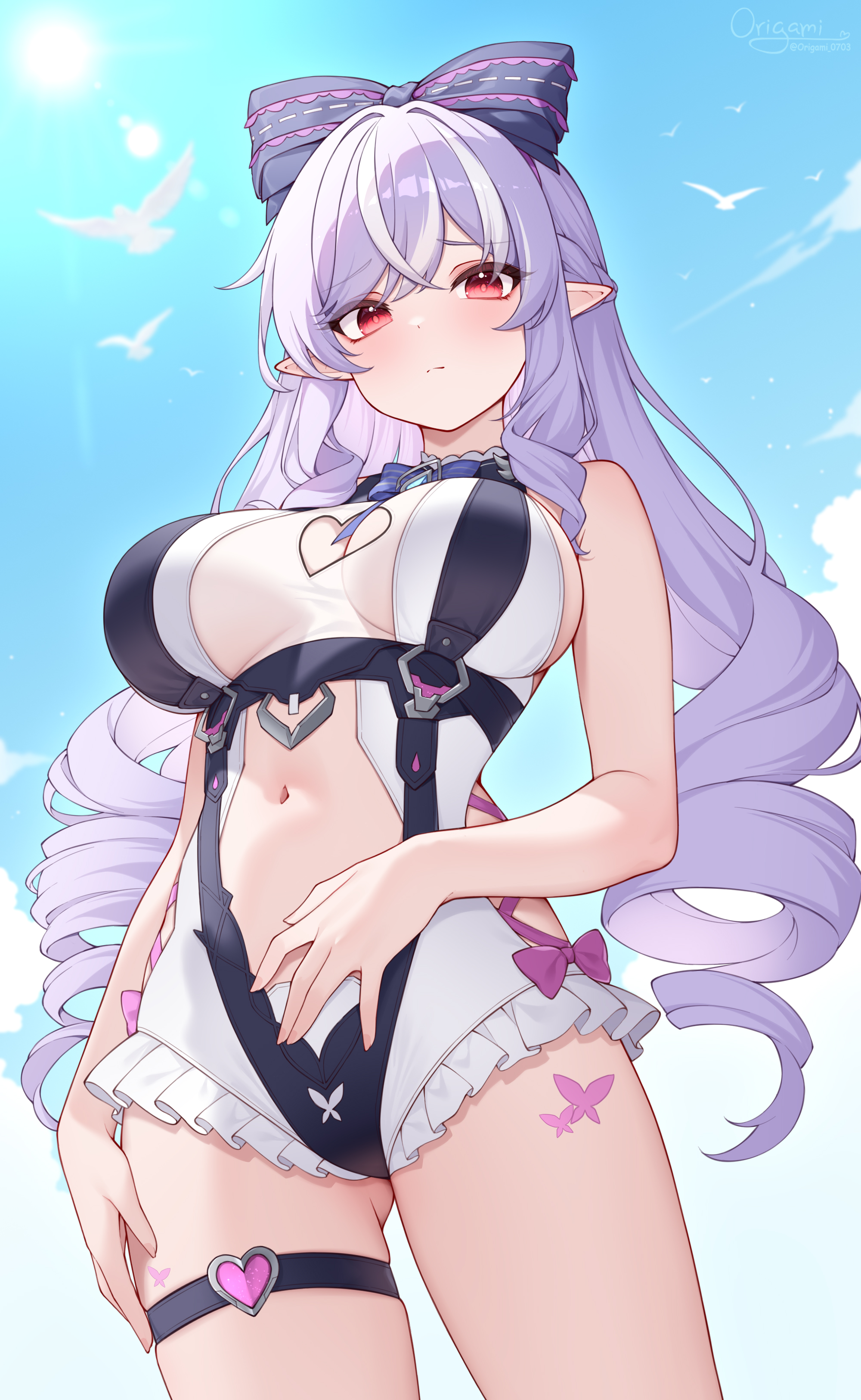 origami (poinia), vivian banshee, vivian banshee (iris of the shore), zenless zone zero, absurdres, commentary, highres, paid reward available, 1girl, bare shoulders, blue sky, blush, bow, breasts, cleavage, closed mouth, clothing cutout, day, hair bow, heart cutout, large breasts, long hair, looking at viewer, multicolored hair, navel, official alternate costume, one-piece swimsuit, outdoors, pointy ears, purple bow, purple hair, red eyes, sidelocks, sky, solo, stomach, streaked hair, swimsuit, thigh strap, thighs, very long hair, white one-piece swimsuit