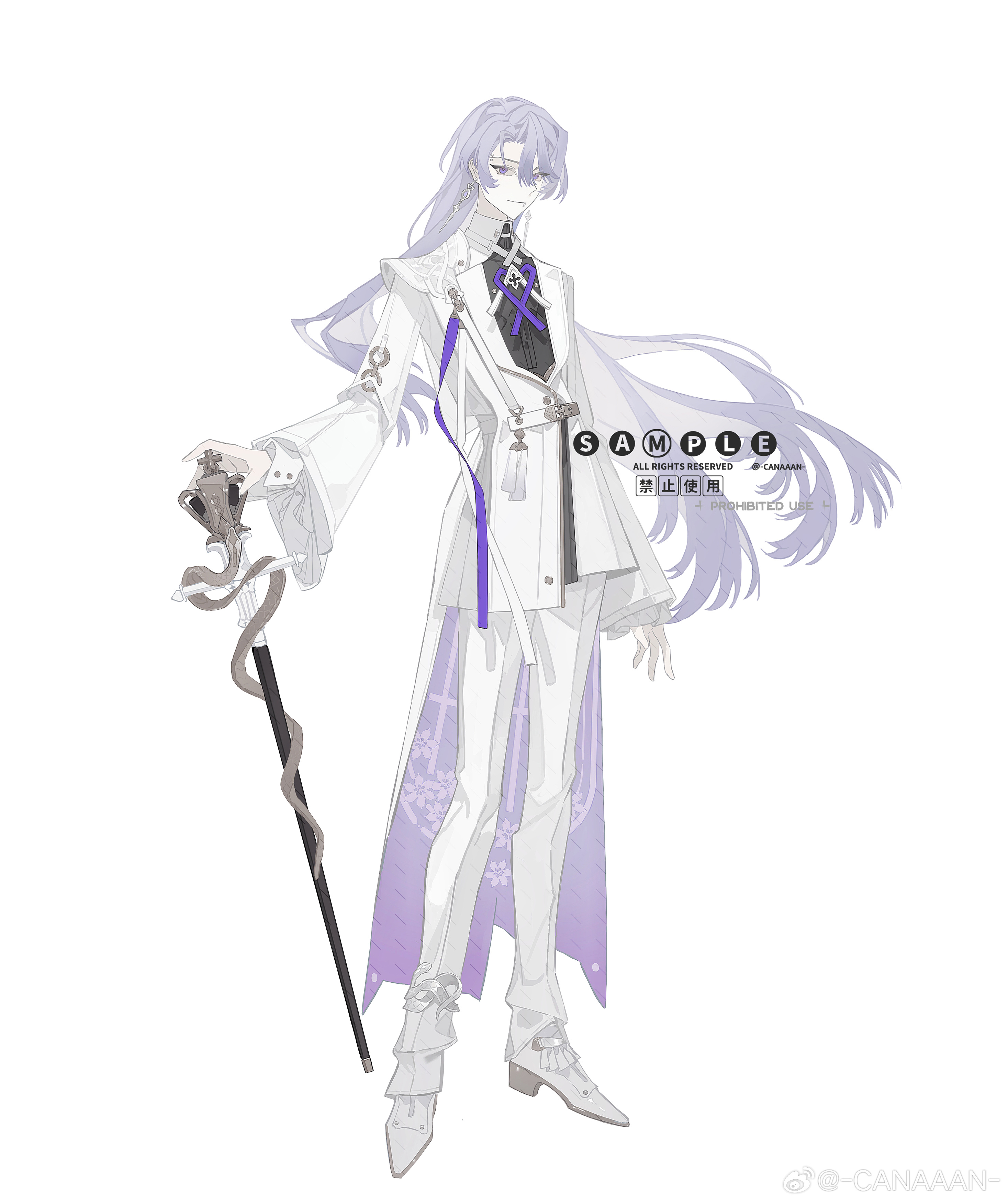 mao mao wansui, original, absurdres, commentary, commission, highres, symbol-only commentary, 1boy, anklet, arm at side, bell sleeves, belt, black shirt, border, brooch, cane, closed mouth, coat, coattails, cross, cross tie, curtained hair, earrings, eyebrow piercing, face piercing, floating earrings, floral print, full body, greek cross, hair between eyes, holding, holding cane, jewelry, lapels, lip piercing, long hair, long sleeves, looking at viewer, male focus, o-ring, pants, piercing, purple coat, purple eyes, purple hair, purple ribbon, ribbon, sample watermark, shirt, shoes, shoulder pads, sideways glance, simple background, smile, snake, solo, standing, tassel, two-sided coat, two-sided fabric, very long hair, watermark, weibo watermark, white background, white belt, white border, white coat, white pants, white shoes