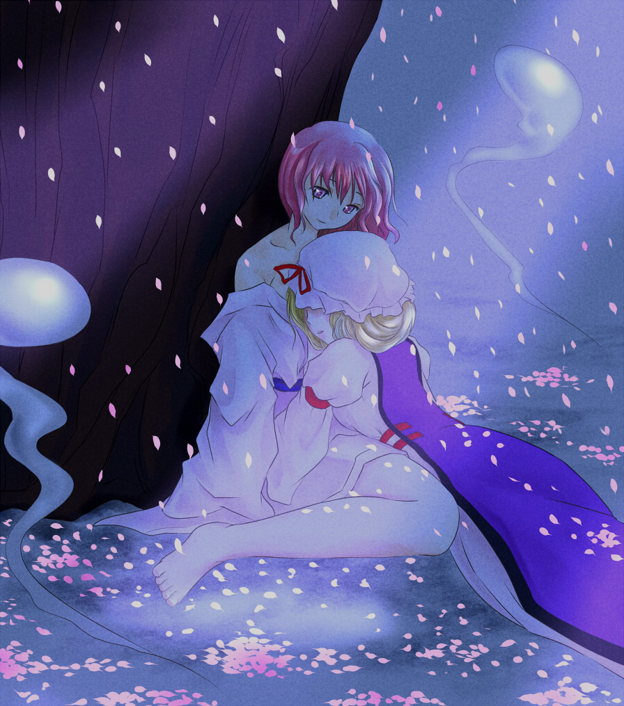 seki juuen, saigyouji yuyuko, yakumo yukari, touhou, 2girls, bare shoulders, barefoot, blonde hair, dress, female focus, hat, hug, multiple girls, nature, outdoors, pink hair, plant