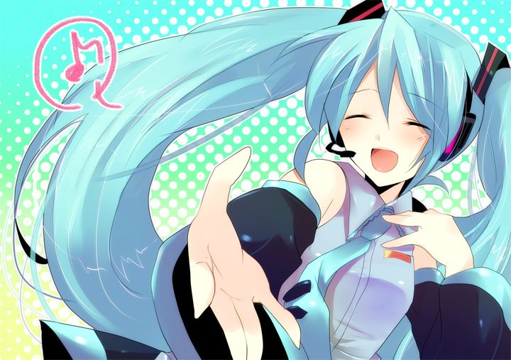 kurohara yuu, hatsune miku, vocaloid, 1girl, :d, ^ ^, aqua hair, blush, closed eyes, detached sleeves, female focus, headgear, headset, long hair, long sleeves, musical note, open mouth, smile, solo, spoken musical note, twintails, upper body, very long hair