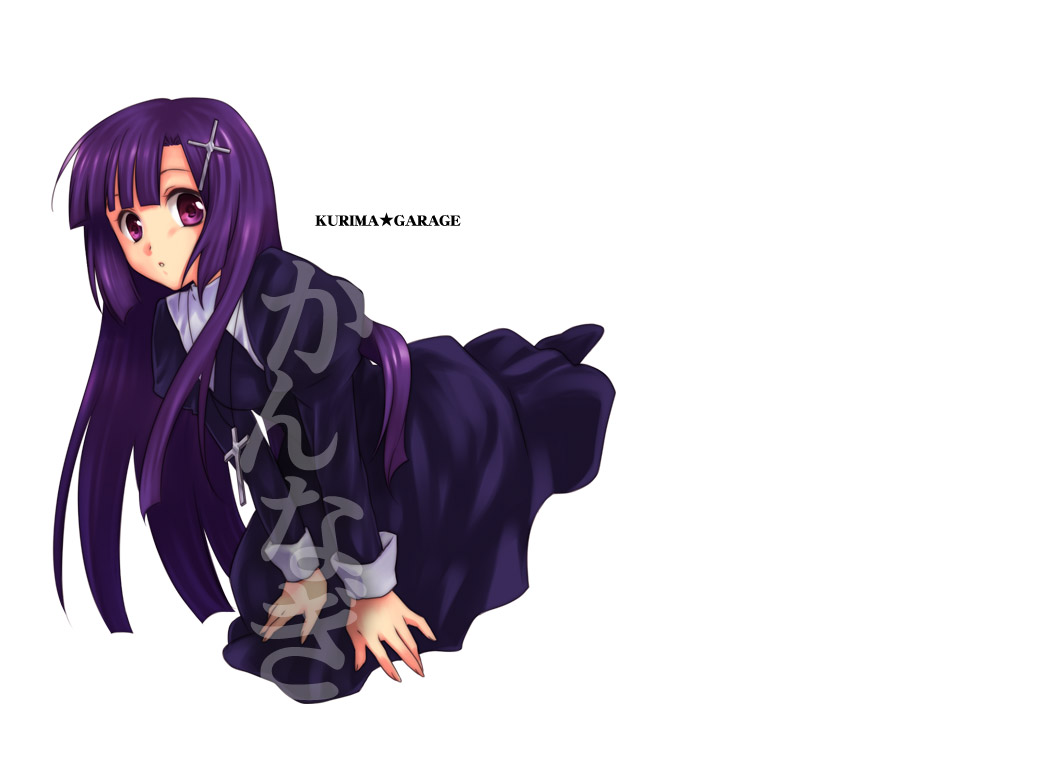 konno rei, zange, kannagi, 00s, 1girl, asymmetrical bangs, black dress, blush, dress, female focus, full body, kneeling, long hair, long sleeves, looking at viewer, purple eyes, sidelocks, simple background, solo, very long hair, white background