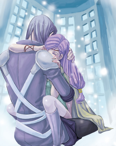 aozora kyuuji, ilyana (fire emblem), zihark (fire emblem), fire emblem, fire emblem: path of radiance, fire emblem: radiant dawn, nintendo, 1boy, 1girl, boots, circlet, closed eyes, couple, grey hair, hetero, hug, knee boots, long hair, low-tied long hair, purple hair, sitting, sitting on lap, sitting on person, snow, thighhighs