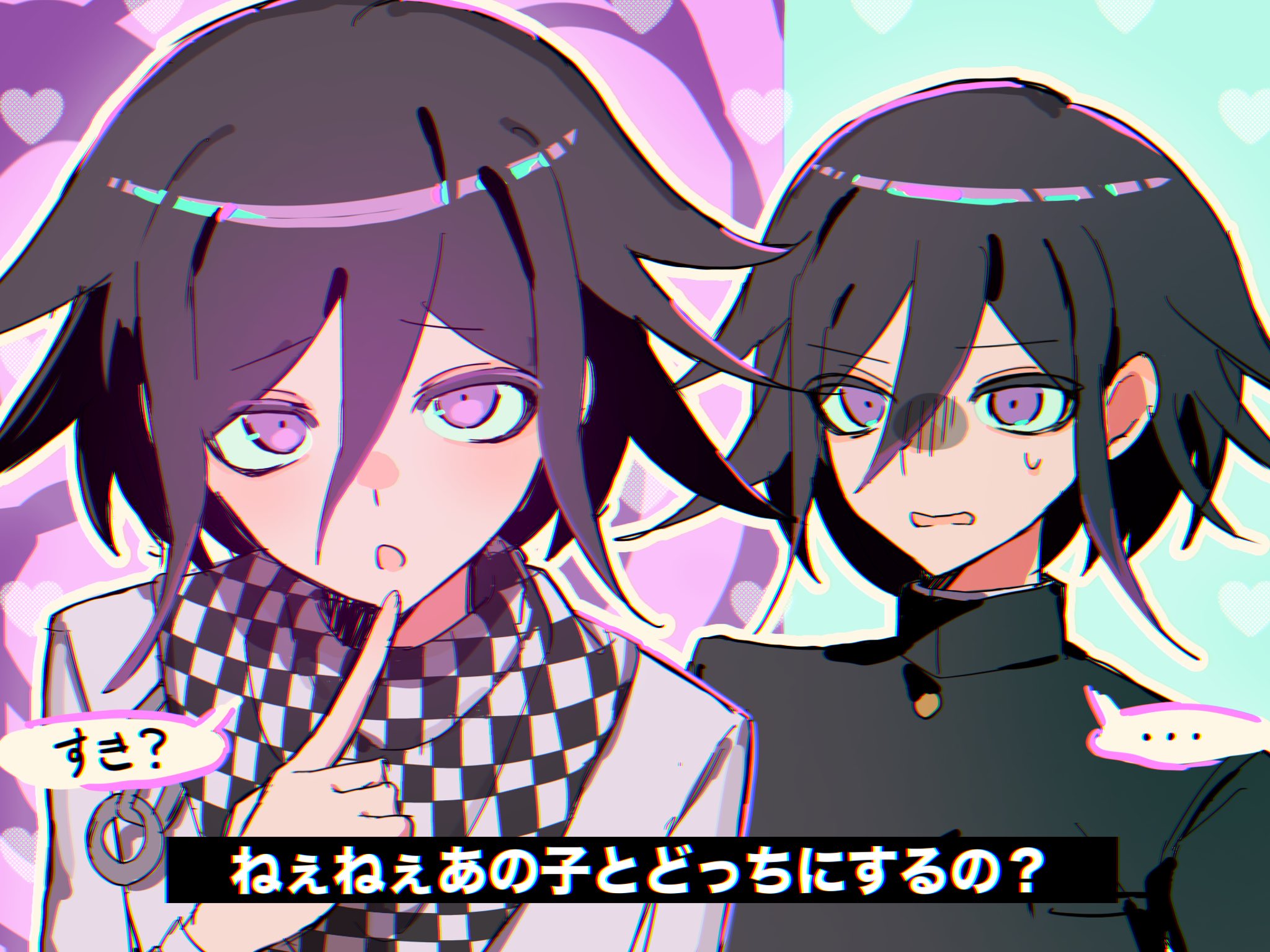 oma kokichi, danganronpa (series), danganronpa v3: killing harmony, commentary request, highres, translation request, …, 2boys, aqua background, black hair, blush, buttons, checkered clothes, checkered scarf, finger to own chin, flipped hair, gakuran, hair between eyes, heart, index finger raised, long sleeves, looking at viewer, male focus, moko moko115, multiple boys, open mouth, outline, pink background, portrait, purple eyes, purple hair, scarf, school uniform, short hair, speech bubble, spoken ellipsis, sweatdrop, white outline