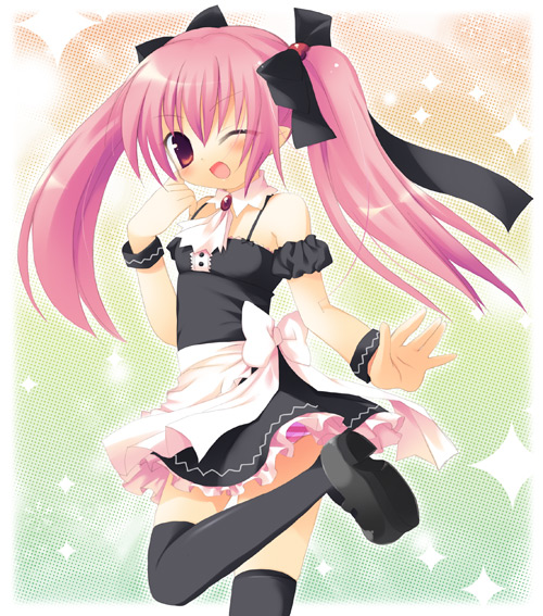 sazaki ichiri, >;d, 1girl, ;d, black bow, black ribbon, blush, bow, female focus, hair bow, hair ribbon, kneehighs, one eye closed, open mouth, panties, pantyshot, pink eyes, pink hair, red eyes, ribbon, smile, socks, solo, sparkle, standing, thighhighs, twintails, underwear, v-shaped eyebrows, waitress, white bow, wink