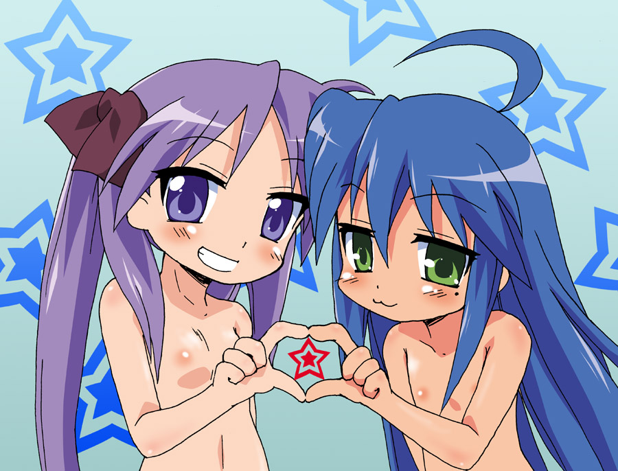 gobera, hiiragi kagami, izumi konata, lucky star, 00s, 2girls, :3, ahoge, blue hair, flat chest, green eyes, loli, long hair, mole, mole under eye, multiple girls, nipples, nude, purple eyes, purple hair, star (symbol), star symbol background, topless female, twintails, upper body, yuri
