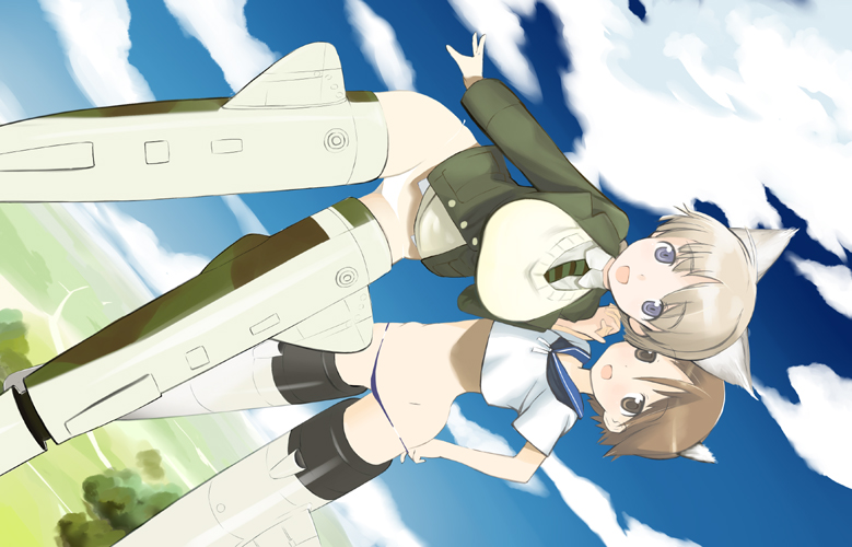 kuuro kuro, lynette bishop, miyafuji yoshika, strike witches, world witches series, 00s, 2girls, animal ears, cloud, lowleg, lowleg panties, multiple girls, official style, panties, sky, striker unit, underwear