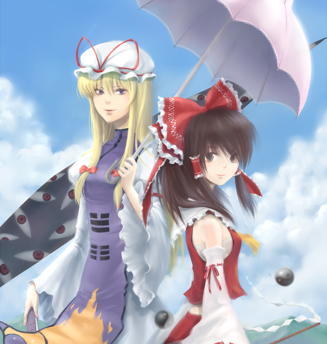 kieta, hakurei reimu, yakumo yukari, touhou, bad id, bad pixiv id, 2girls, blonde hair, blue eyes, brown hair, detached sleeves, female focus, gap (touhou), japanese clothes, miko, multiple girls, parasol, purple eyes, umbrella