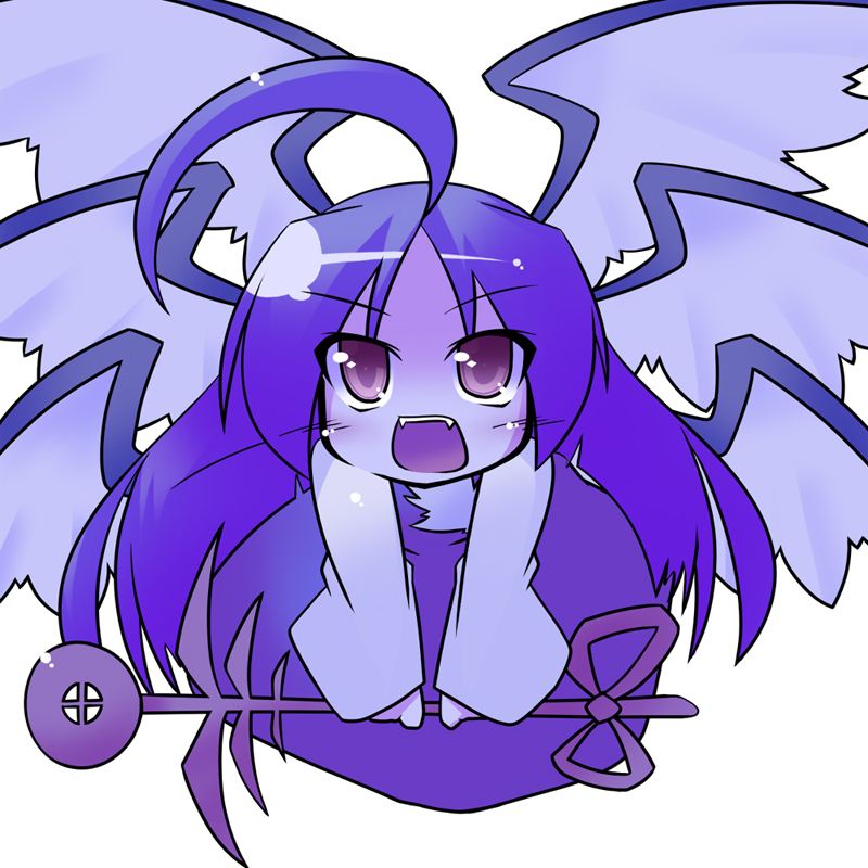 tsuboraa, sariel (touhou), highly responsive to prayers, touhou, touhou (pc-98), 1girl, ahoge, angel, blue theme, chibi, colored skin, fangs, female focus, long hair, multiple wings, open mouth, purple eyes, purple skin, solo, wings