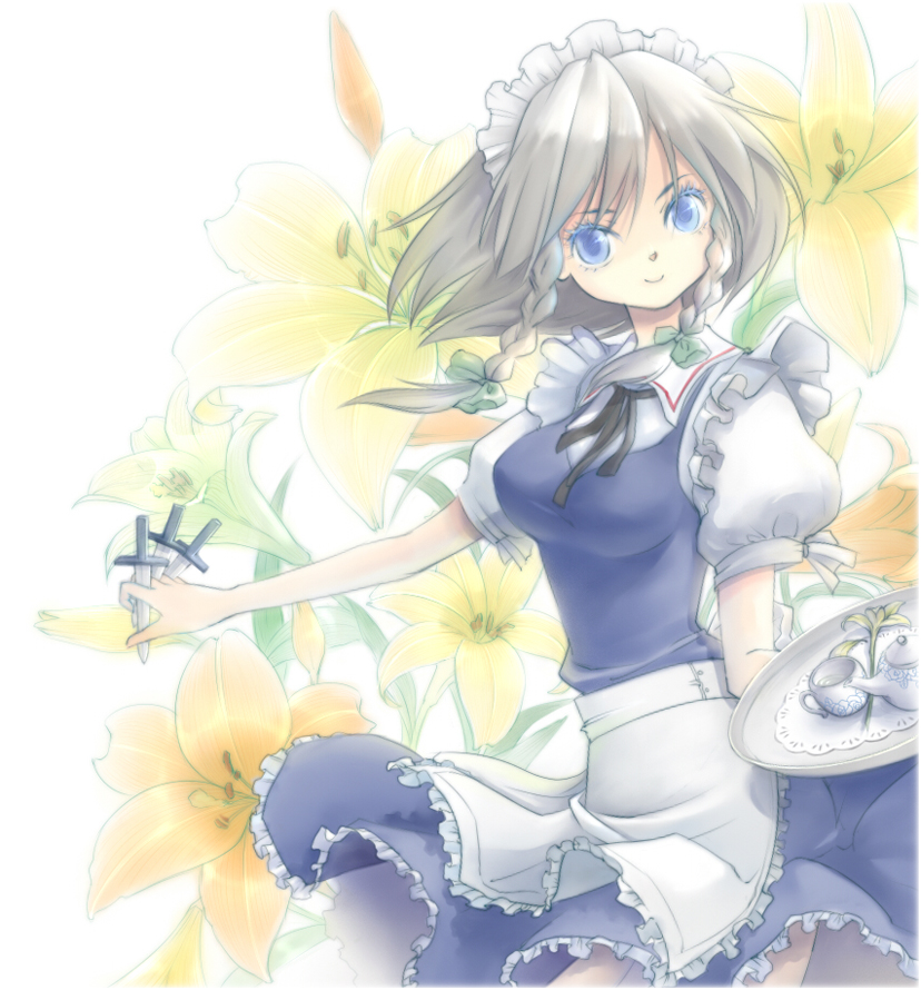 kieta, izayoi sakuya, touhou, silver hair, 1girl, between fingers, blue eyes, braid, clothes lift, cup, dress, dress lift, female focus, flower, head tilt, holding, knife, maid, solo, teacup, throwing knife, twin braids, weapon