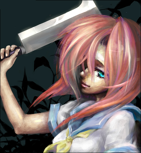 kieta, ryuuguu rena, higurashi no naku koro ni, bad id, bad pixiv id, 00s, 1girl, billhook, blue eyes, brown hair, female focus, hashitsuki nata, hatchet, nata (tool), solo