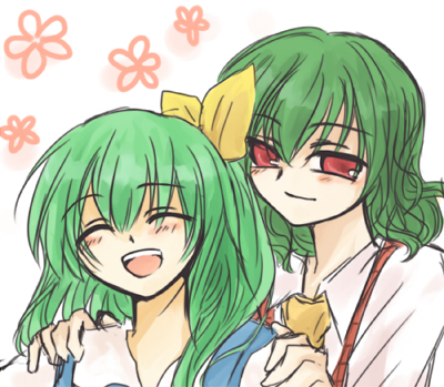 hiyori7, daiyousei, kazami yuuka, touhou, lowres, 2girls, ascot, bow, closed eyes, female focus, green hair, happy, multiple girls, plaid clothes, plaid vest, red eyes, short hair, smile, upper body, vest