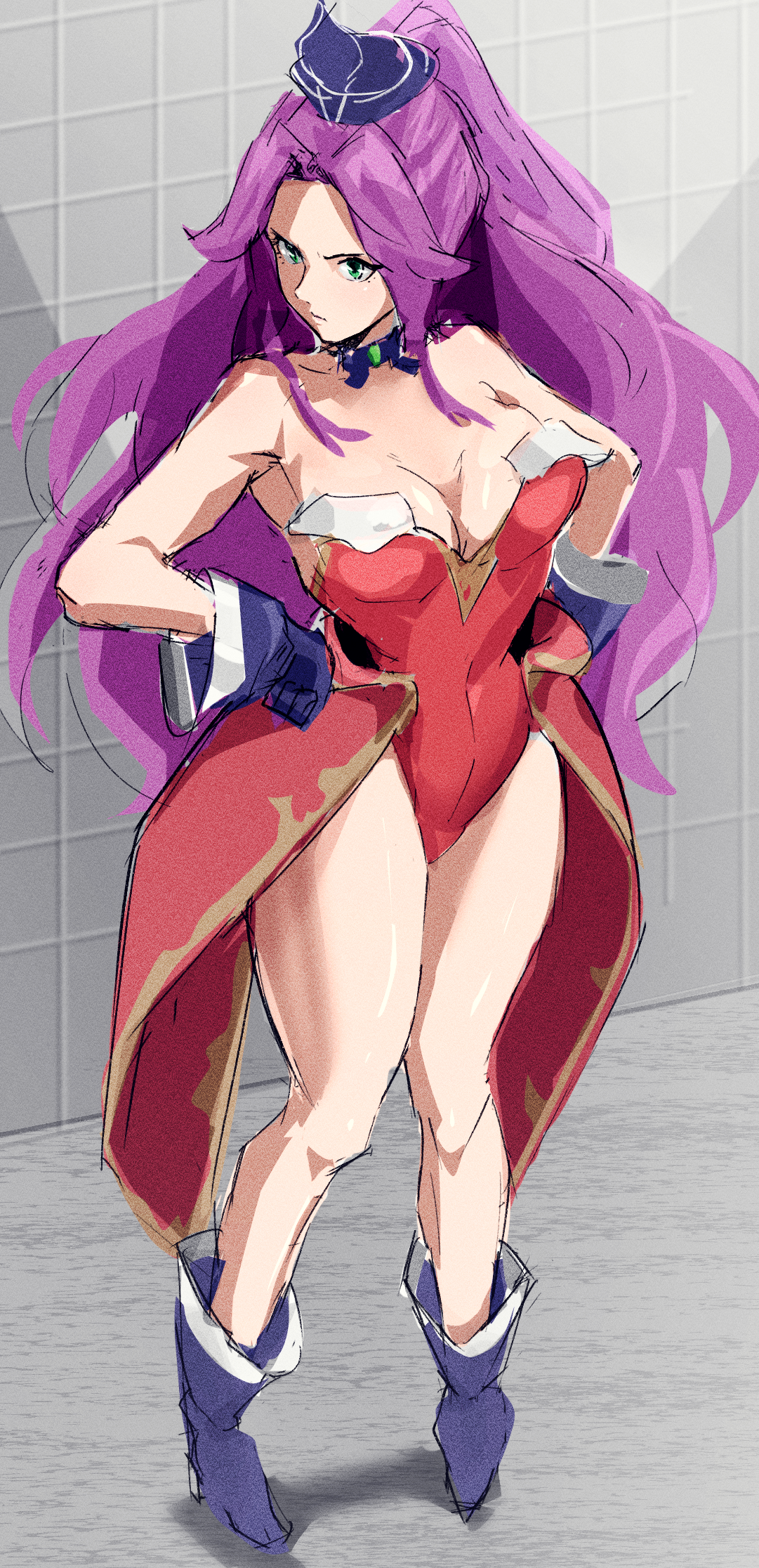 angela (seiken densetsu 3), seiken densetsu, seiken densetsu 3, square enix, artist request, highres, 1girl, boots, breasts, female focus, hair intakes, hands on own hips, hat, large breasts, leotard, long hair, looking to the side, purple boots, purple hair, red leotard, red skirt, showgirl skirt, sidelocks, skirt, solo, swept bangs, thighs, very long hair