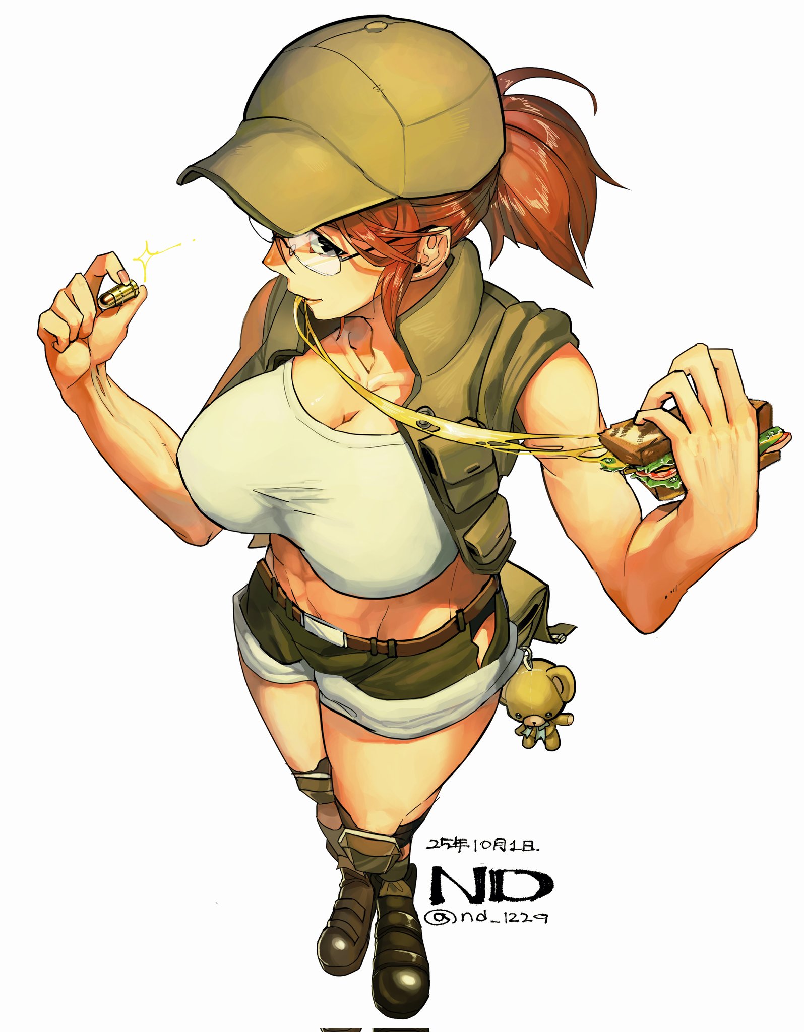 fio germi, metal slug, snk, highres, 1girl, artist name, baseball cap, breasts, brown hair, brown hat, brown shorts, bullet, cheese, cheese trail, cleavage, collarbone, crop top, cropped jacket, eating, female focus, food, hat, jacket, knee pads, large breasts, midriff, nd 1229, ponytail, round eyewear, sandwich, shirt, short-sleeved jacket, short ponytail, short shorts, short sleeves, shorts, sidelocks, solo, twitter username, utility vest, vest, white shirt