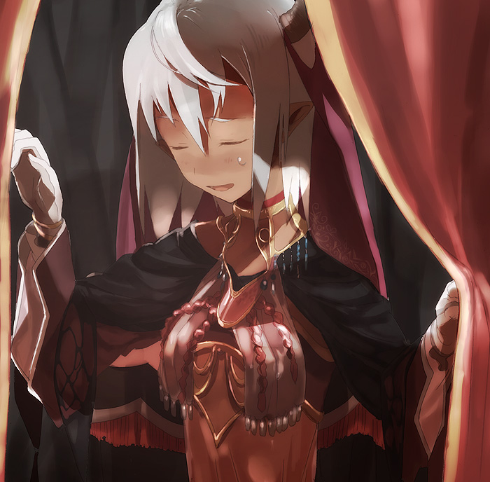 tanu, original, 1girl, choker, curtains, female focus, jewelry, pointy ears, solo, white hair
