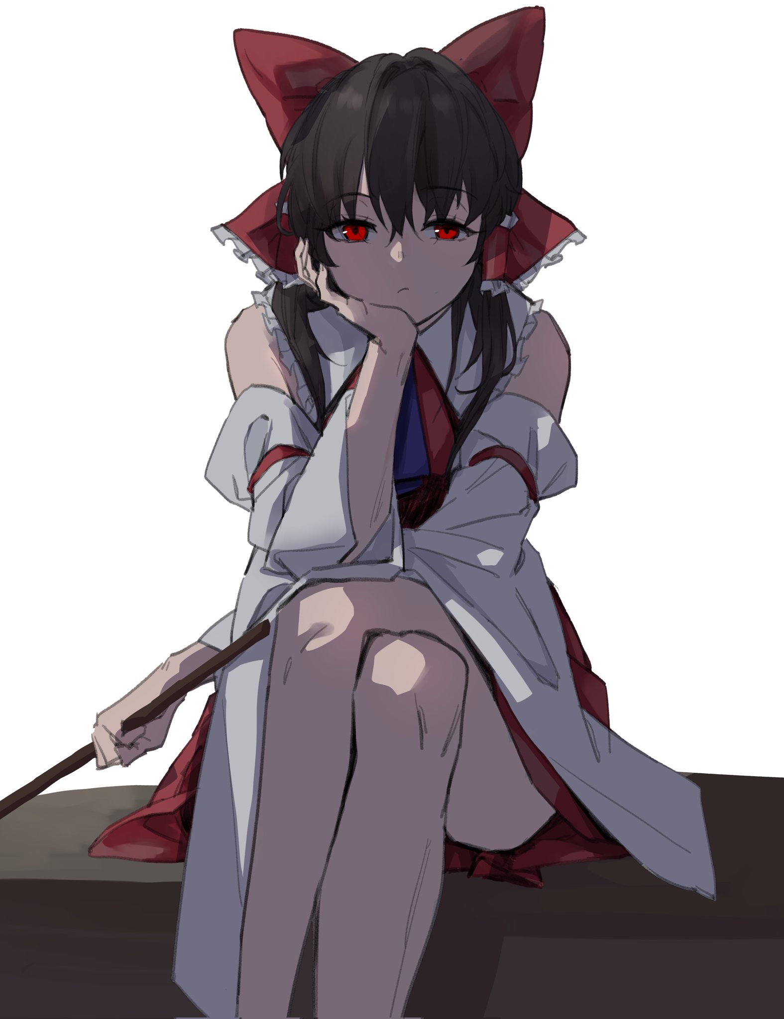 indis, hakurei reimu, touhou, commentary request, highres, 1girl, arm support, ascot, bare shoulders, black hair, blue ascot, bow, crossed legs, detached sleeves, expressionless, frilled hair tubes, frills, gohei, hair bow, hair tubes, holding, holding gohei, looking at viewer, nontraditional miko, red bow, red eyes, red shirt, red skirt, ribbon-trimmed sleeves, ribbon trim, shirt, simple background, sitting, skirt, sleeveless, sleeveless shirt, solo, white background, wide sleeves