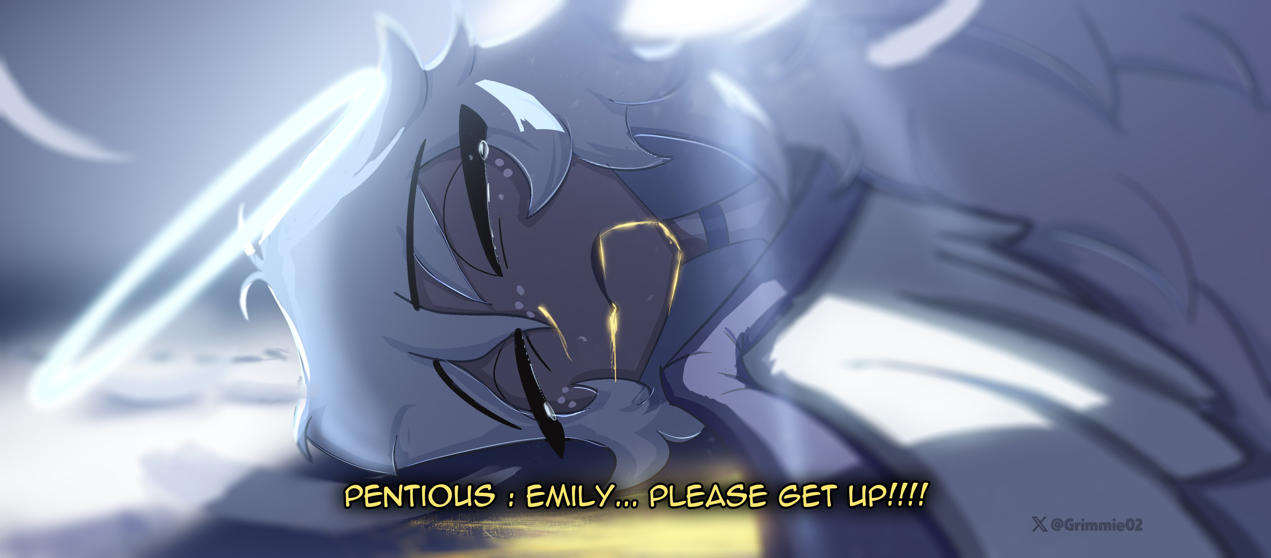 grimmie02, emily (hazbin hotel), sir pentious, hazbin hotel, hellaverse, absurdres, commentary, english commentary, highres, 1girl, angel, angel wings, artist name, blurry, blurry background, closed mouth, dark-skinned female, dark skin, halo, long hair, lying, on side, solo, tearing up, white hair, wings, yellow blood