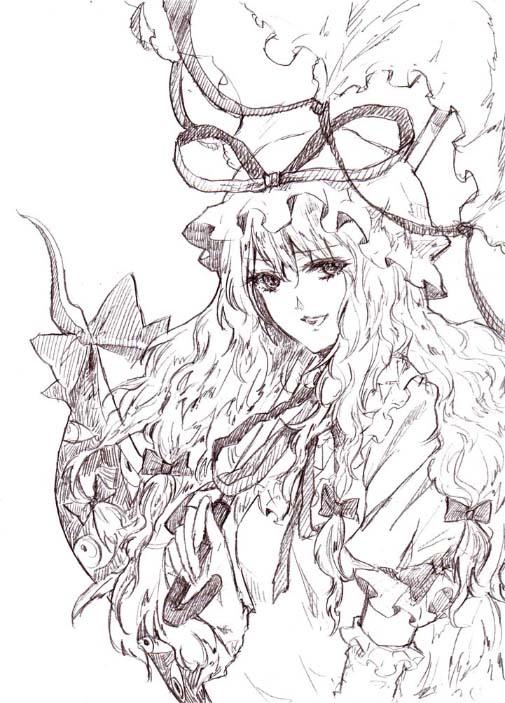shippori, shishou, yakumo yukari, touhou, 1girl, female focus, monochrome, purple theme, sketch, solo