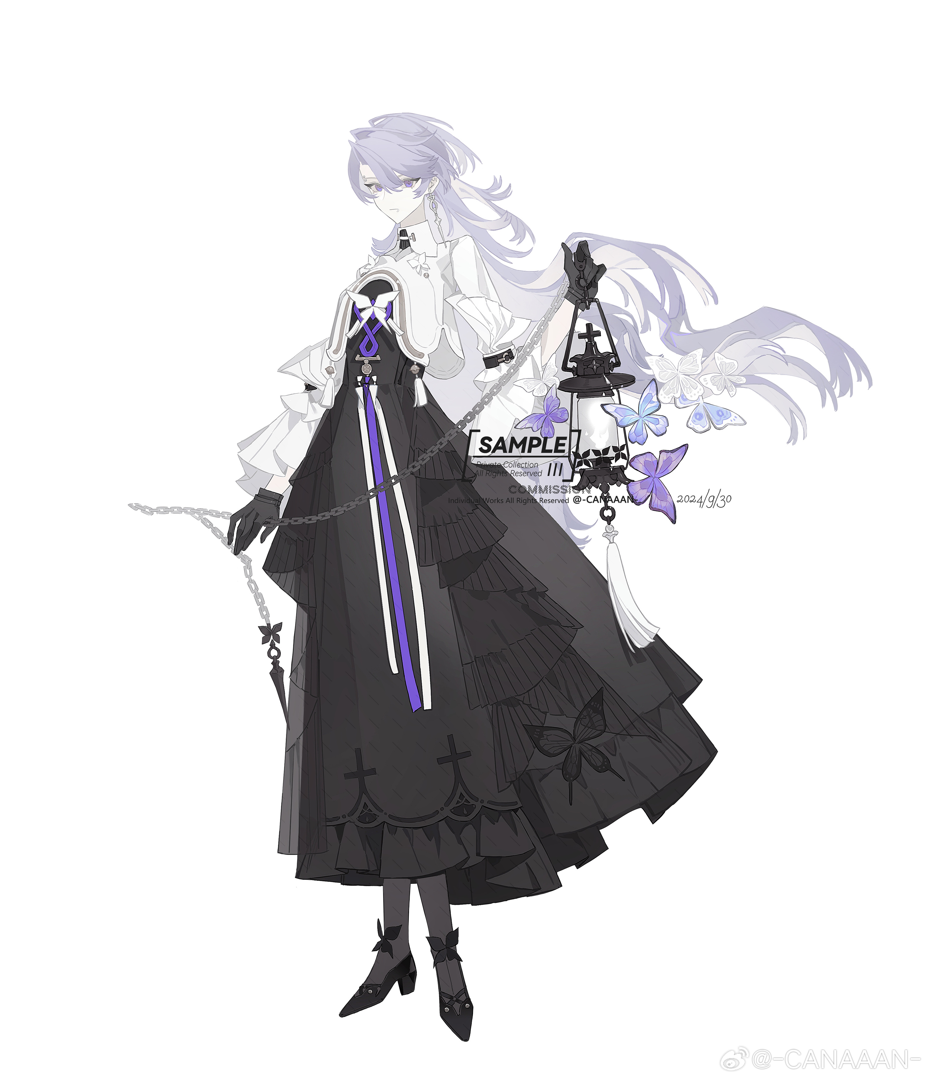 mao mao wansui, original, absurdres, commentary, commission, highres, symbol-only commentary, 1girl, animal print, arm at side, black dress, black gloves, black pantyhose, black shoes, border, bug, butterfly, butterfly brooch, butterfly print, chain, closed mouth, collared jacket, cropped jacket, cross, cross print, curtained hair, dress, earrings, expressionless, eyebrow piercing, face piercing, frilled dress, frills, full body, gloves, hair between eyes, hand up, holding, holding chain, holding lantern, infinity symbol, insect, jacket, jewelry, lantern, lip piercing, long dress, long hair, looking at viewer, low block heels, pantyhose, piercing, print dress, purple butterfly, purple eyes, purple hair, purple ribbon, ribbon, sample watermark, shoes, sideways glance, simple background, single earring, sleeve garter, solo, standing, swept bangs, tassel, three-quarter sleeves, very long hair, watermark, weibo watermark, white background, white border, white butterfly, white jacket, white ribbon, wide sleeves, wolf cut