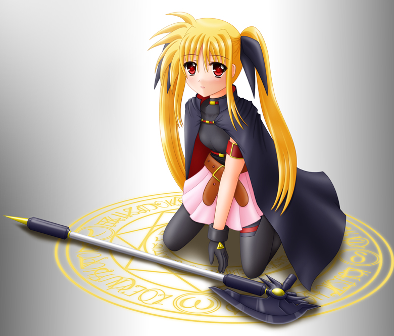 yamaguchi ugou, bardiche (axe form) (nanoha), bardiche (nanoha), fate testarossa, fate testarossa (movie 1st form), lyrical nanoha, mahou shoujo lyrical nanoha, device, 00s, 1girl, blonde hair, cape, female focus, kneeling, long hair, magic circle, octagram, red eyes, skirt, solo, thighhighs, twintails