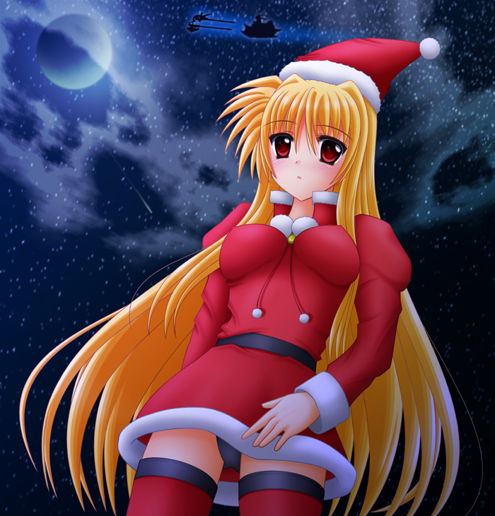 yamaguchi ugou, fate testarossa, lyrical nanoha, mahou shoujo lyrical nanoha, mahou shoujo lyrical nanoha strikers, 00s, blonde hair, blush, christmas, hat, long hair, moon, night, red eyes, santa costume, santa hat, solo, thighhighs, upskirt, very long hair, zettai ryouiki