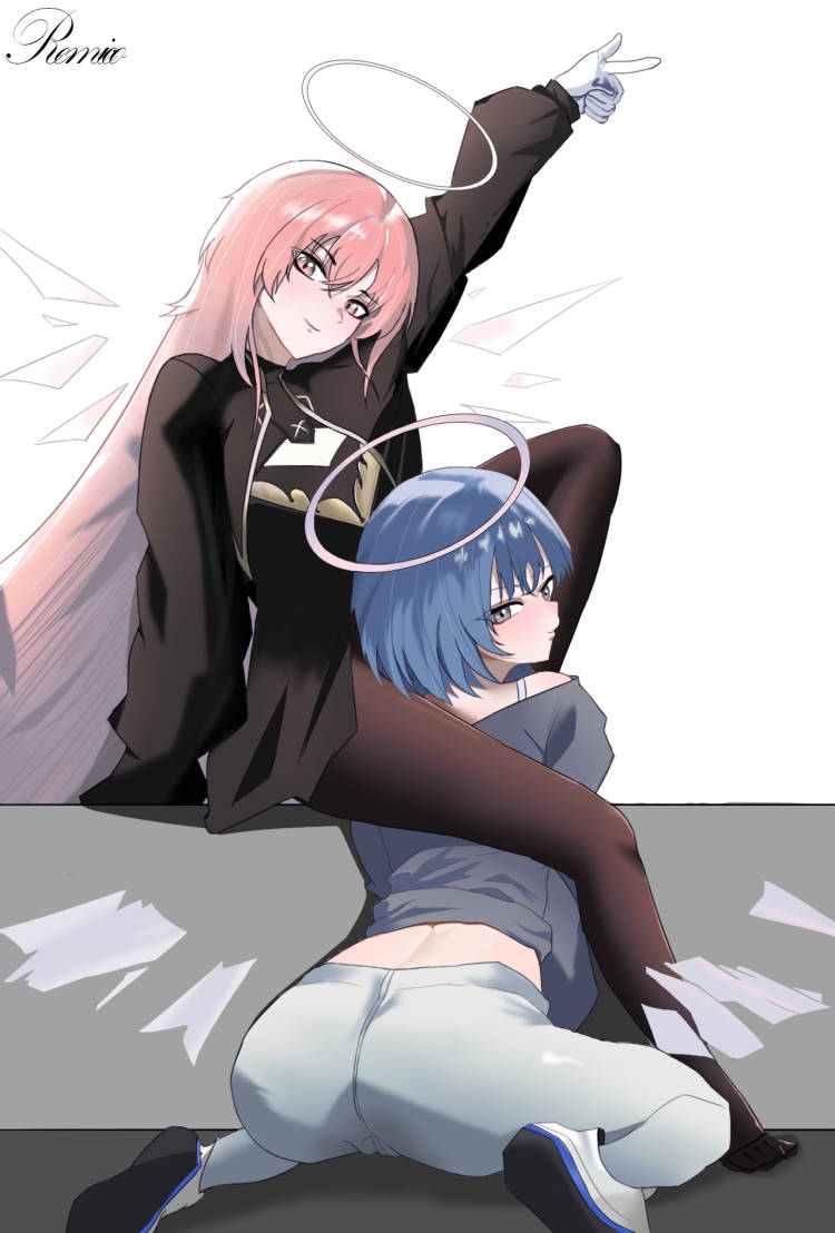 lemuen (arknights), spuria (arknights), arknights, chinese commentary, commentary request, 2girls, arm up, artist name, ass, bare shoulders, black dress, black eyes, black shirt, blue hair, brown pantyhose, cameltoe, closed mouth, crossed bangs, detached wings, dress, gloves, grey halo, grey leggings, hair between eyes, halo, leg up, leggings, light smile, long hair, long sleeves, looking at viewer, looking back, multiple girls, outstretched arm, pantyhose, pink eyes, pink hair, pointing, profile, remico. (xinjinjumin0869167), shirt, shoe soles, shoes, short hair, simple background, sitting, traditional halo, turning head, wariza, white background, white gloves, white halo, white shoes, wings