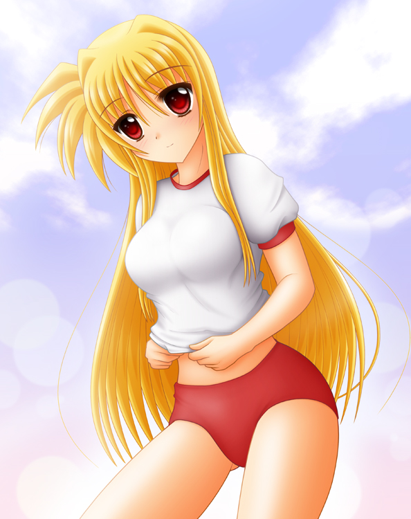 yamaguchi ugou, fate testarossa, lyrical nanoha, mahou shoujo lyrical nanoha, mahou shoujo lyrical nanoha a's, mahou shoujo lyrical nanoha strikers, 00s, blonde hair, blush, buruma, gym uniform, long hair, red eyes, solo