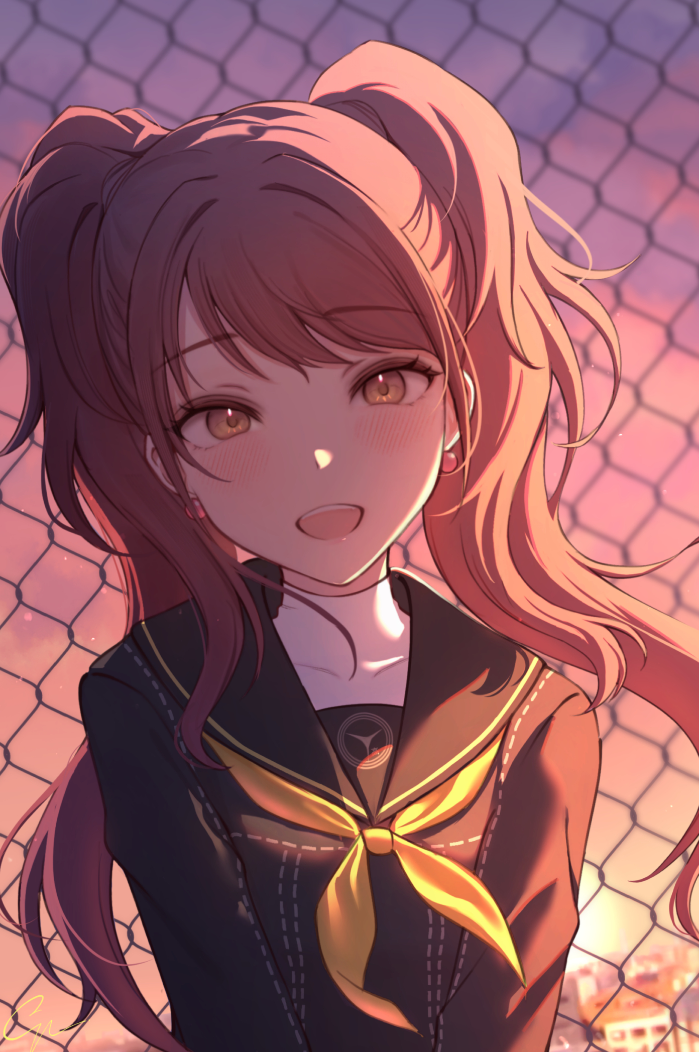 cynic (cynic2324), kujikawa rise, persona, persona 4, commentary request, highres, 1girl, black jacket, black sailor collar, blurry, blurry background, blush, brown eyes, brown hair, chain-link fence, fence, gradient sky, jacket, long hair, long sleeves, looking at viewer, neckerchief, open mouth, outdoors, sailor collar, shirt, sky, smile, solo, sunset, teeth, turtleneck, turtleneck shirt, twintails, upper body, upper teeth only, v arms, white shirt, yellow neckerchief