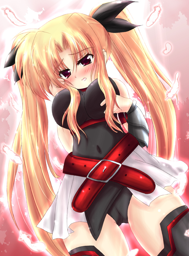 shaian, fate testarossa, fate testarossa (lightning form), lyrical nanoha, mahou shoujo lyrical nanoha, mahou shoujo lyrical nanoha a's, mahou shoujo lyrical nanoha strikers, 00s, 1girl, arm guards, bare shoulders, belt, black thighhighs, blonde hair, blush, breasts, covered navel, feathers, female focus, hair ribbon, large breasts, long hair, parted bangs, red eyes, ribbon, skin tight, solo, thighhighs, twintails, very long hair, zettai ryouiki