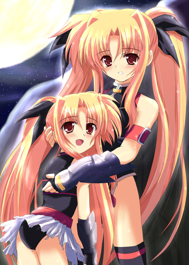 shaian, fate testarossa, fate testarossa (lightning form), fate testarossa (true sonic form), lyrical nanoha, mahou shoujo lyrical nanoha, mahou shoujo lyrical nanoha a's, mahou shoujo lyrical nanoha strikers, 00s, dual persona, hug, thighhighs, time paradox
