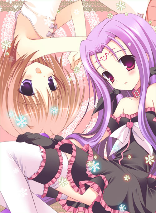 shirogane hina, asclepius (nanoha), caro ru lushe, lutecia, lutecia alpine, lyrical nanoha, mahou shoujo lyrical nanoha, mahou shoujo lyrical nanoha strikers, white legwear, 00s, 2girls, :o, bare shoulders, blonde hair, blush, collarbone, frilled thigh strap, frills, heart, long hair, looking at viewer, multiple girls, parted lips, purple eyes, sidelocks, tareme, tattoo, thigh strap, thighhighs, very long hair