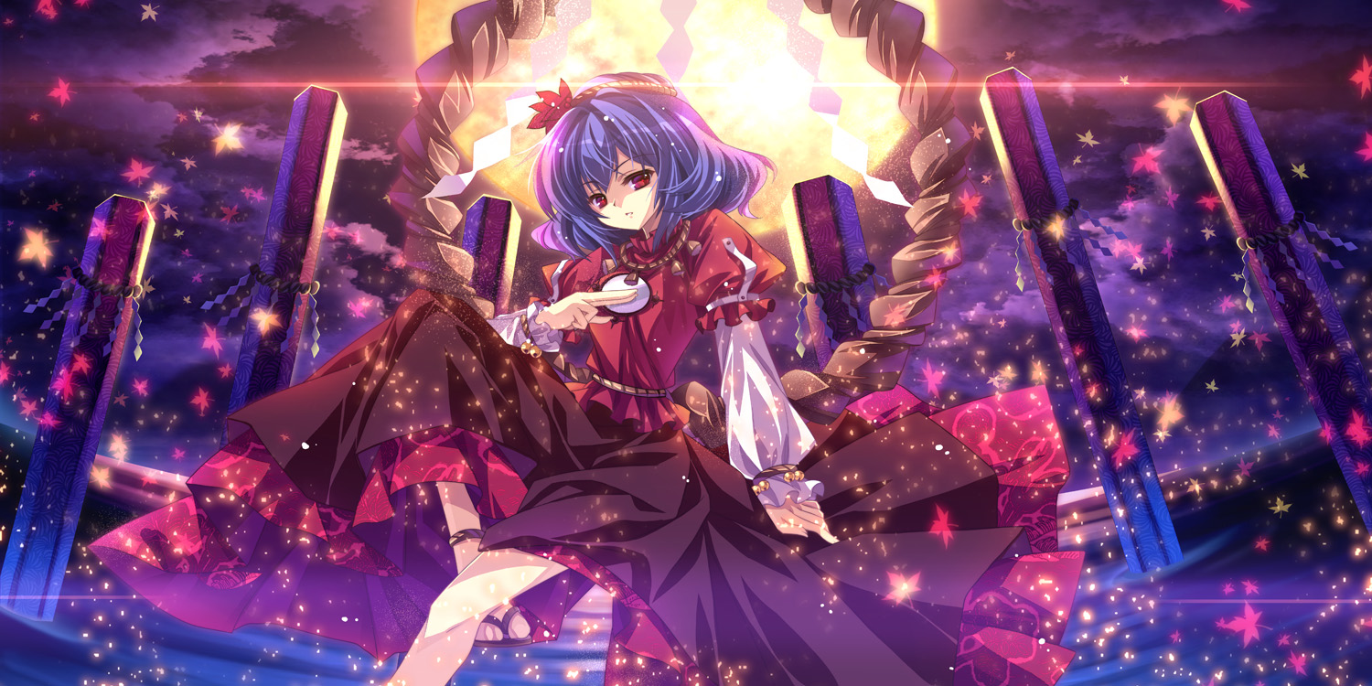 capura lin, yasaka kanako, touhou, 1girl, bell, blue hair, cloud, female focus, hair ornament, lake, layered sleeves, leaf, leaf hair ornament, long sleeves, mirror, moon, night, night sky, pillar, puffy short sleeves, puffy sleeves, red eyes, red shirt, red skirt, rope, sandals, shimenawa, shirt, short hair, short over long sleeves, short sleeves, skirt, sky, solo, white sleeves, zouri