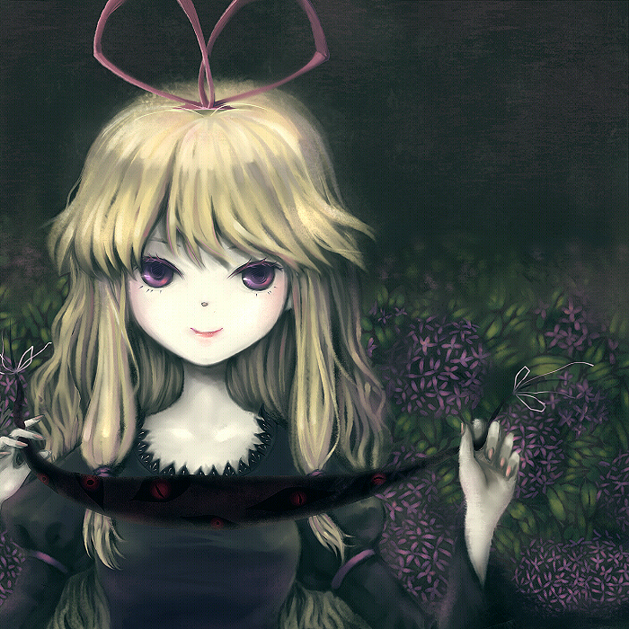 kieta, yakumo yukari, touhou, 1girl, blonde hair, female focus, flower, gap (touhou), lips, nature, plant, purple eyes, smile, solo, upper body