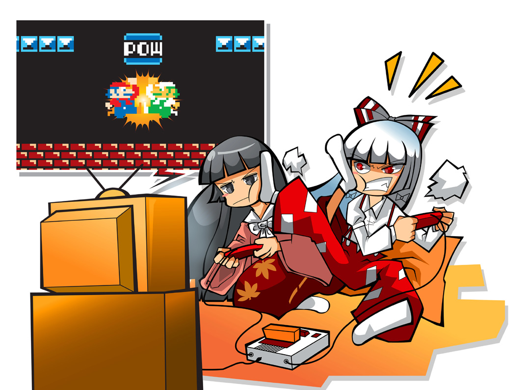 mikihiro, fujiwara no mokou, houraisan kaguya, luigi, mario, mario (series), nintendo, super mario bros. 1, touhou, bad id, bad pixiv id, 2boys, 2girls, angry, black eyes, black hair, bow, famicom, game console, hair bow, kicking, multiple boys, multiple girls, pants, playing games, red eyes, rivalry, suspenders, video game, white hair