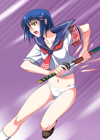 inue shinsuke, kurogane otome, tsuyokiss, 1girl, armband, blue hair, bottomless, collarbone, female focus, hair ornament, hairclip, holding, katana, motion lines, no pants, open mouth, panties, sailor, school uniform, serafuku, serious, sheath, shoes, short hair, socks, solo, speed lines, standing, standing on one leg, sword, underwear, unsheathing, weapon, white panties, yellow eyes