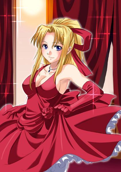 inue shinsuke, kiriya erika, tsuyokiss, 1girl, blonde hair, blue eyes, blush, breasts, cleavage, curtains, detached sleeves, dress, earrings, elbow gloves, female focus, gloves, indoors, jewelry, large breasts, long hair, looking at viewer, necklace, pantyhose, ponytail, red dress, ribbon, smile, solo, sparkle, stud earrings