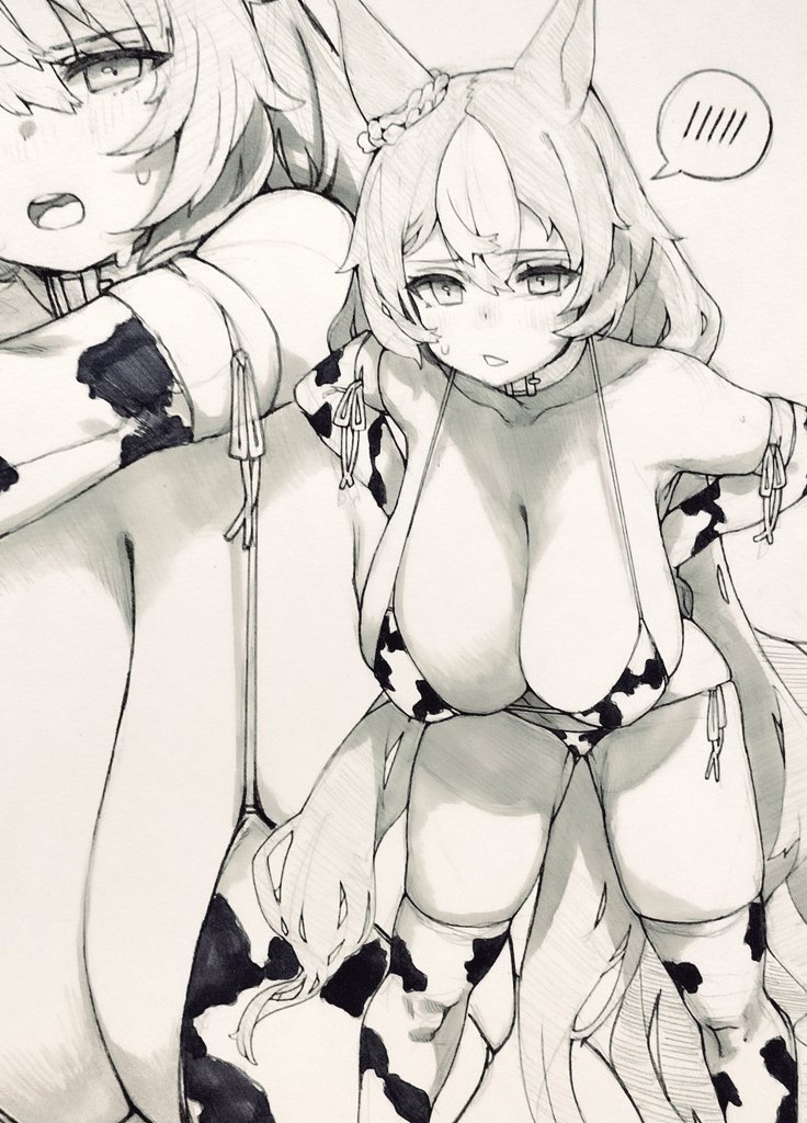 sabusupi, yamanin zephyr (umamusume), umamusume, commentary request, 1girl, alternate costume, animal ears, animal print, bent over, bikini, breasts, cleavage, collarbone, cow print, cow print bikini, detached sleeves, hair between eyes, hair ornament, horse ears, horse girl, horse tail, large breasts, low twintails, open mouth, print bikini, solo, sweat, swimsuit, tail, thighhighs, twintails, white background