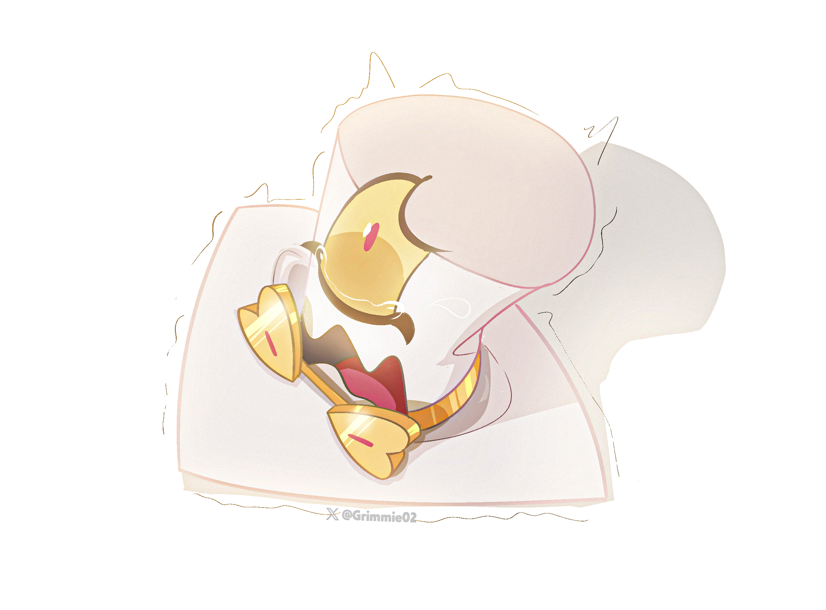 grimmie02, sir pentious, hazbin hotel, hellaverse, commentary, english commentary, highres, artist name, hat, heart, no humans, open mouth, simple background, tearing up, top hat, trembling, white background, white hat, yellow eyes